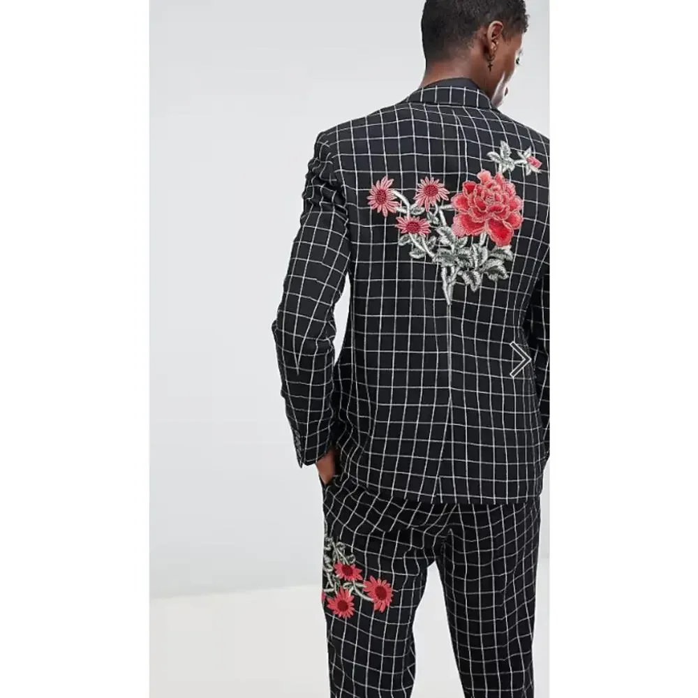 ASOS Black and white checkered slim-fit Blazer Suit with Embroidery Sz 38